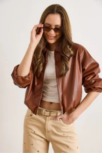 Olalook Women's Tan Lined Pocket Faux Leather Bomber Jacket - Image 2