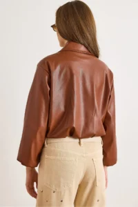 Olalook Women's Tan Lined Pocket Faux Leather Bomber Jacket - Image 3