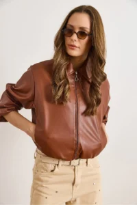 Olalook Women's Tan Lined Pocket Faux Leather Bomber Jacket - Image 4