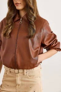 Olalook Women's Tan Lined Pocket Faux Leather Bomber Jacket - Image 5