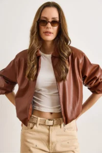 Olalook Women's Tan Lined Pocket Faux Leather Bomber Jacket - Image 6