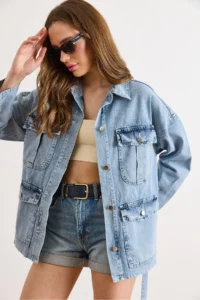 Olalook Women's Light Blue Belted 4 Pocket Denim Jacket