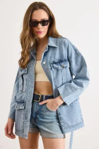Olalook Women's Light Blue Belted 4 Pocket Denim Jacket - Image 2