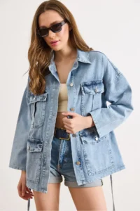 Olalook Women's Light Blue Belted 4 Pocket Denim Jacket - Image 3