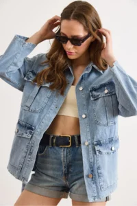 Olalook Women's Light Blue Belted 4 Pocket Denim Jacket - Image 4