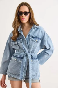 Olalook Women's Light Blue Belted 4 Pocket Denim Jacket - Image 5