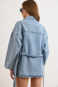 Olalook Women's Light Blue Belted 4 Pocket Denim Jacket - Image 6