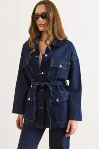 Olalook Women's Navy Blue Belted 4 Pocket Denim Jacket