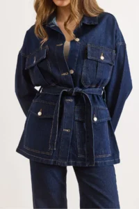 Olalook Women's Navy Blue Belted 4 Pocket Denim Jacket - Image 2
