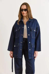Olalook Women's Navy Blue Belted 4 Pocket Denim Jacket - Image 3