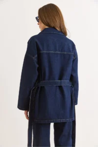 Olalook Women's Navy Blue Belted 4 Pocket Denim Jacket - Image 4