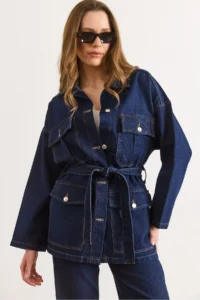Olalook Women's Navy Blue Belted 4 Pocket Denim Jacket - Image 5