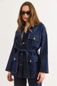 Olalook Women's Navy Blue Belted 4 Pocket Denim Jacket - Image 6