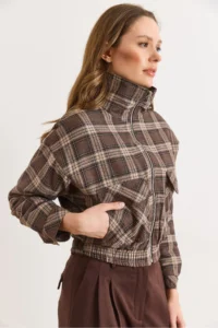 Olalook Women's Brown Lined Quilted Pocket Plaid Jacket