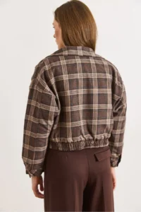Olalook Women's Brown Lined Quilted Pocket Plaid Jacket - Image 2