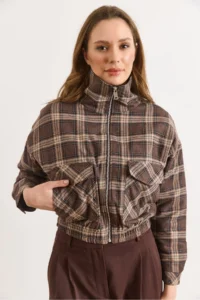 Olalook Women's Brown Lined Quilted Pocket Plaid Jacket - Image 3
