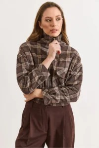 Olalook Women's Brown Lined Quilted Pocket Plaid Jacket - Image 4