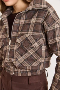 Olalook Women's Brown Lined Quilted Pocket Plaid Jacket - Image 5