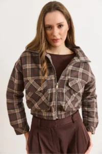 Olalook Women's Brown Lined Quilted Pocket Plaid Jacket - Image 6