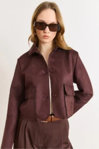 Olalook Women's Bitter Brown Pocket Detailed Unlined Suede Jacket