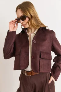 Olalook Women's Bitter Brown Pocket Detailed Unlined Suede Jacket - Image 2
