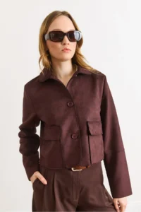 Olalook Women's Bitter Brown Pocket Detailed Unlined Suede Jacket - Image 3