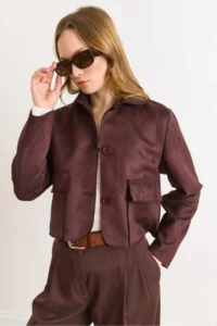 Olalook Women's Bitter Brown Pocket Detailed Unlined Suede Jacket - Image 5