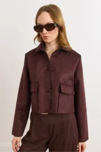 Olalook Women's Bitter Brown Pocket Detailed Unlined Suede Jacket - Image 6