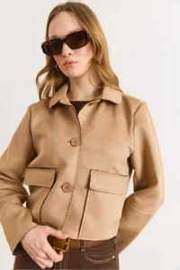 Olalook Women's Camel Pocket Detailed Unlined Suede Jacket