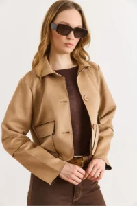 Olalook Women's Camel Pocket Detailed Unlined Suede Jacket - Image 2