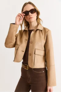 Olalook Women's Camel Pocket Detailed Unlined Suede Jacket - Image 3