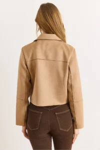 Olalook Women's Camel Pocket Detailed Unlined Suede Jacket - Image 4