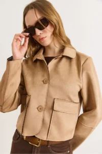 Olalook Women's Camel Pocket Detailed Unlined Suede Jacket - Image 5
