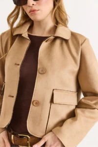 Olalook Women's Camel Pocket Detailed Unlined Suede Jacket - Image 6