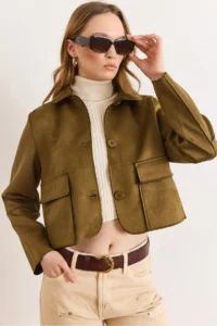 Olalook Women's Khaki Pocket Detailed Unlined Suede Jacket