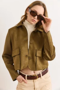 Olalook Women's Khaki Pocket Detailed Unlined Suede Jacket - Image 2