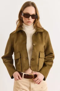 Olalook Women's Khaki Pocket Detailed Unlined Suede Jacket - Image 3