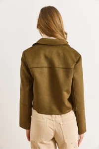 Olalook Women's Khaki Pocket Detailed Unlined Suede Jacket - Image 4