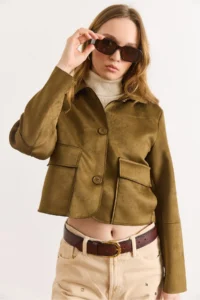 Olalook Women's Khaki Pocket Detailed Unlined Suede Jacket - Image 5