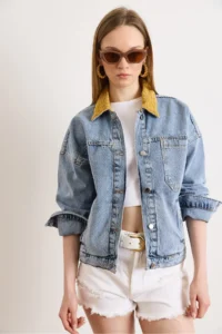 Olalook Women's Light Blue Velvet Collar Detailed 3 Pocket Denim Jacket - Image 2