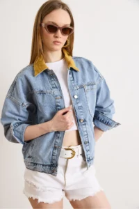 Olalook Women's Light Blue Velvet Collar Detailed 3 Pocket Denim Jacket - Image 3