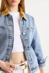 Olalook Women's Light Blue Velvet Collar Detailed 3 Pocket Denim Jacket - Image 4