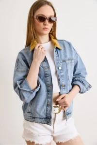 Olalook Women's Light Blue Velvet Collar Detailed 3 Pocket Denim Jacket - Image 5