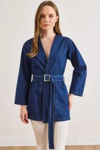 Olalook Women's Dark Blue Belted Seasonal Denim Jacket