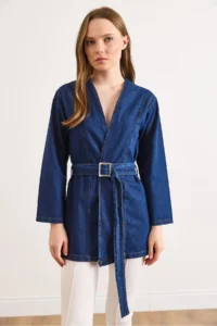 Olalook Women's Dark Blue Belted Seasonal Denim Jacket - Image 2