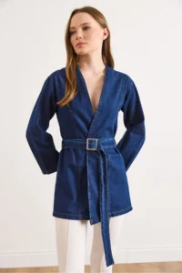 Olalook Women's Dark Blue Belted Seasonal Denim Jacket - Image 3