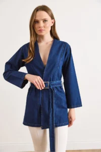 Olalook Women's Dark Blue Belted Seasonal Denim Jacket - Image 4