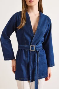 Olalook Women's Dark Blue Belted Seasonal Denim Jacket - Image 5