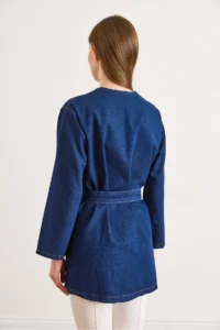 Olalook Women's Dark Blue Belted Seasonal Denim Jacket - Image 6