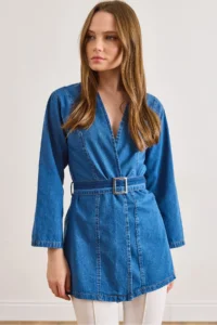 Olalook Women's Medium Blue Belted Seasonal Denim Jacket